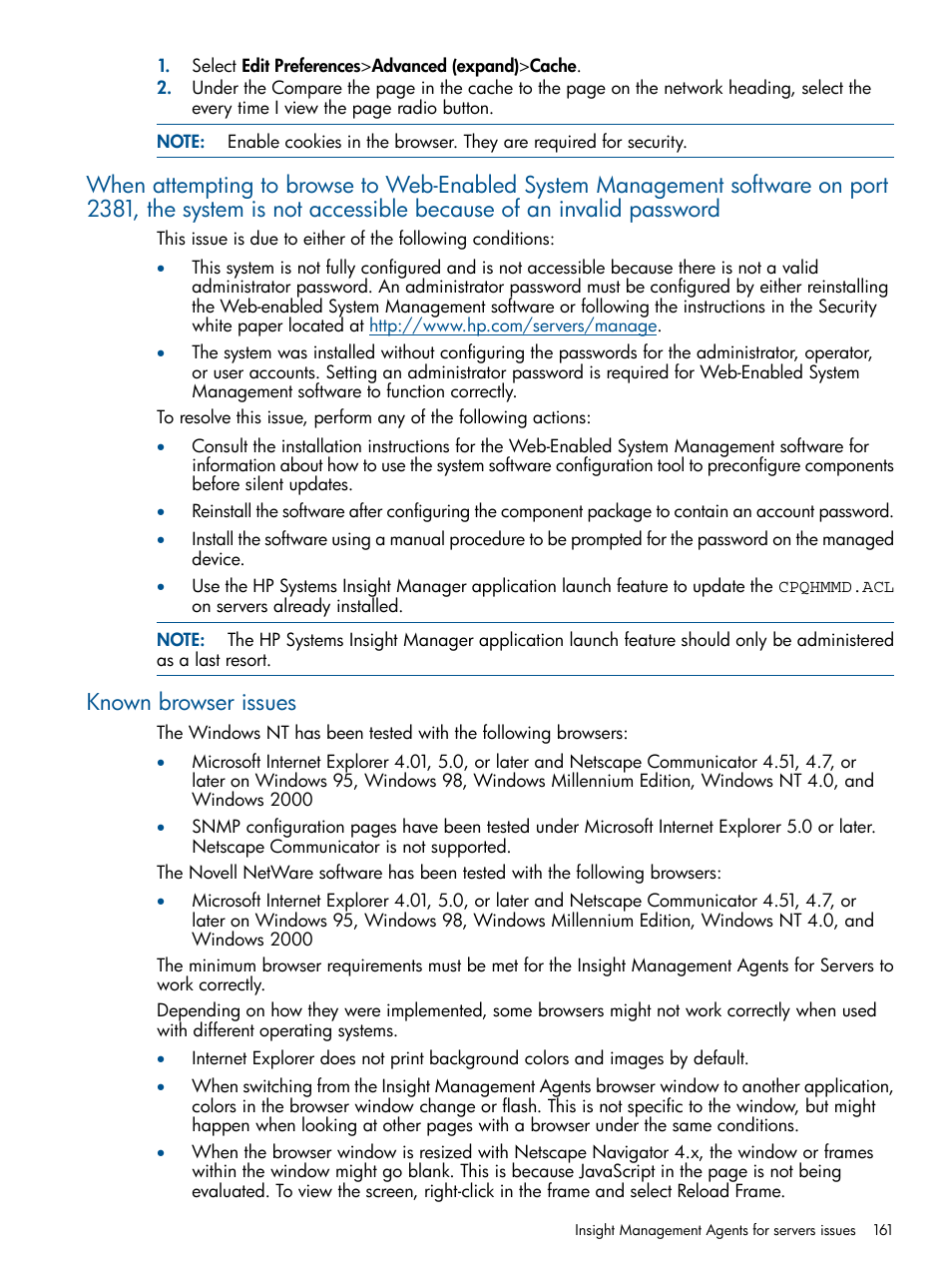 Known browser issues | HP Insight Management Agents User Manual | Page 161 / 172