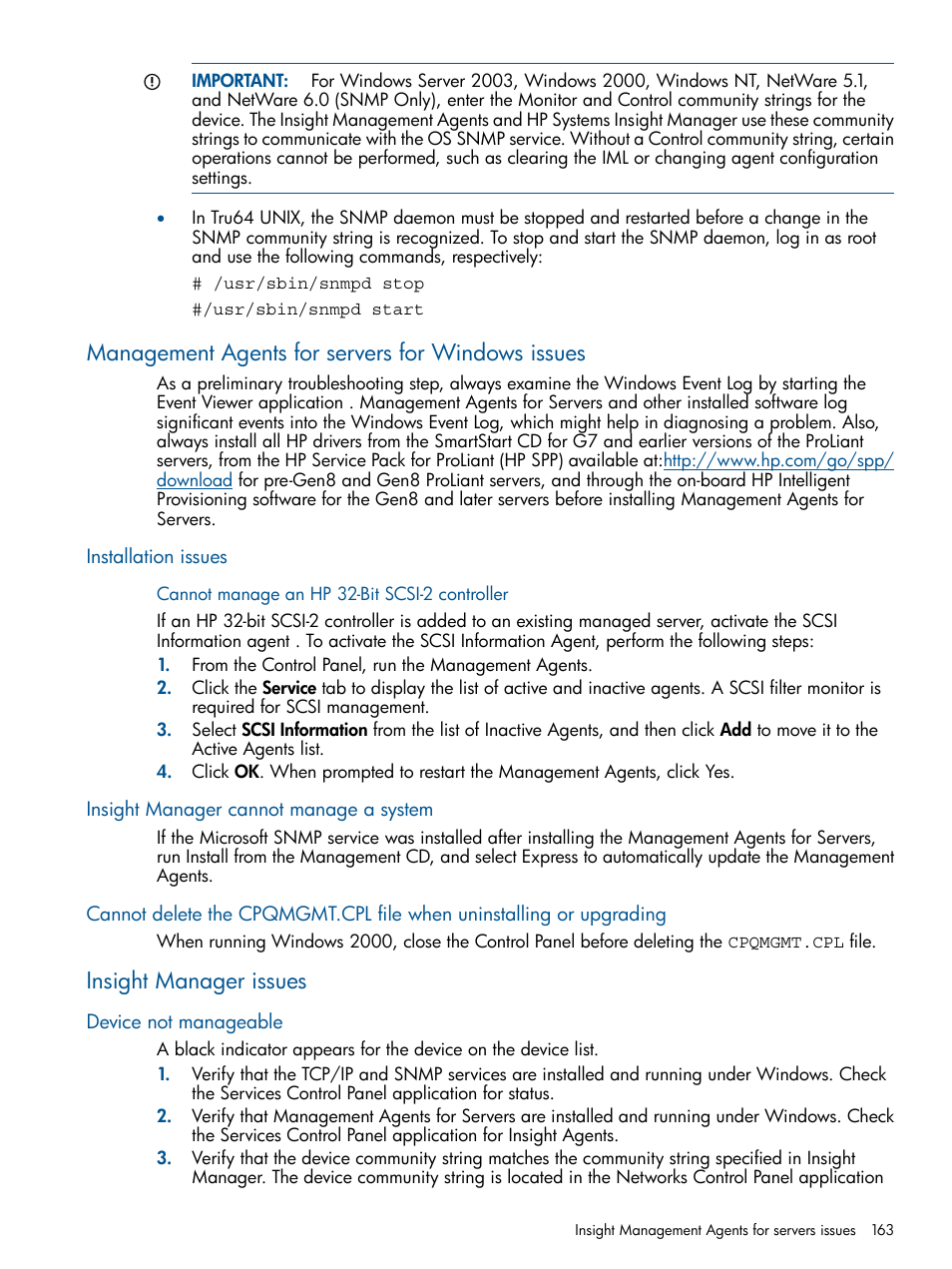 Management agents for servers for windows issues, Installation issues, Cannot manage an hp 32‑bit scsi‑2 controller | Insight manager cannot manage a system, Insight manager issues, Device not manageable, Cannot manage an hp 32-bit scsi-2 controller | HP Insight Management Agents User Manual | Page 163 / 172