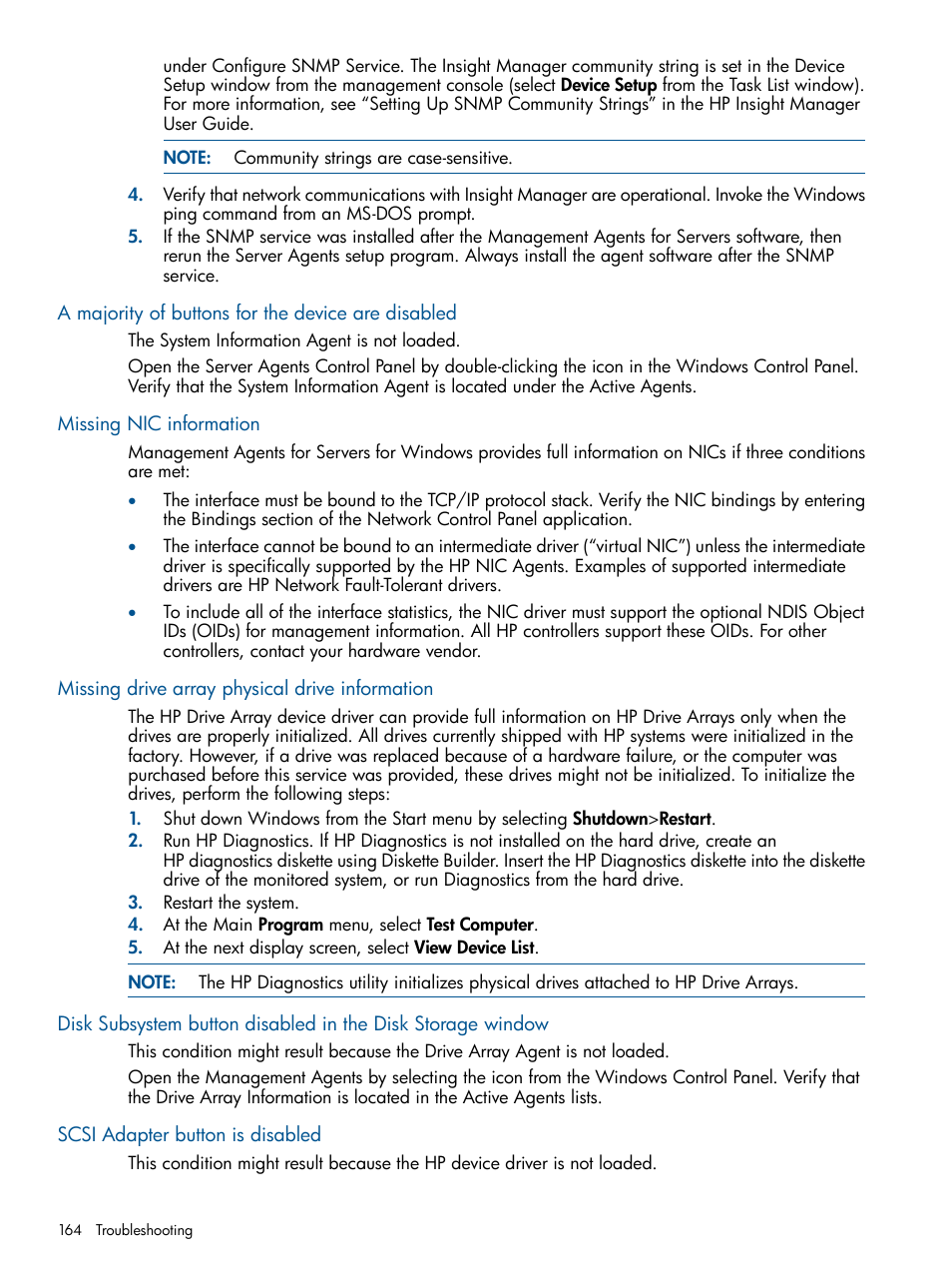 A majority of buttons for the device are disabled, Missing nic information, Missing drive array physical drive information | Scsi adapter button is disabled | HP Insight Management Agents User Manual | Page 164 / 172