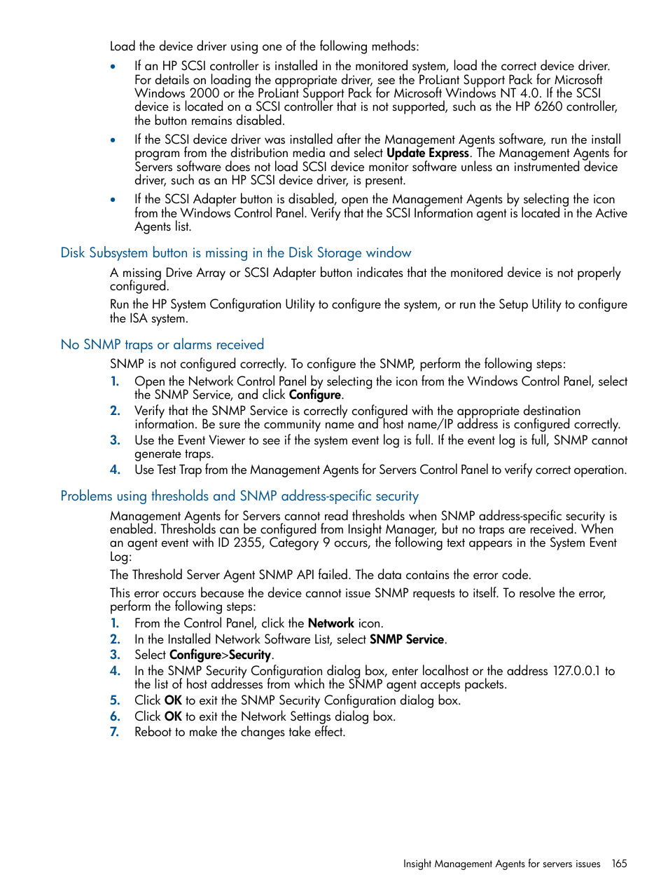 No snmp traps or alarms received | HP Insight Management Agents User Manual | Page 165 / 172