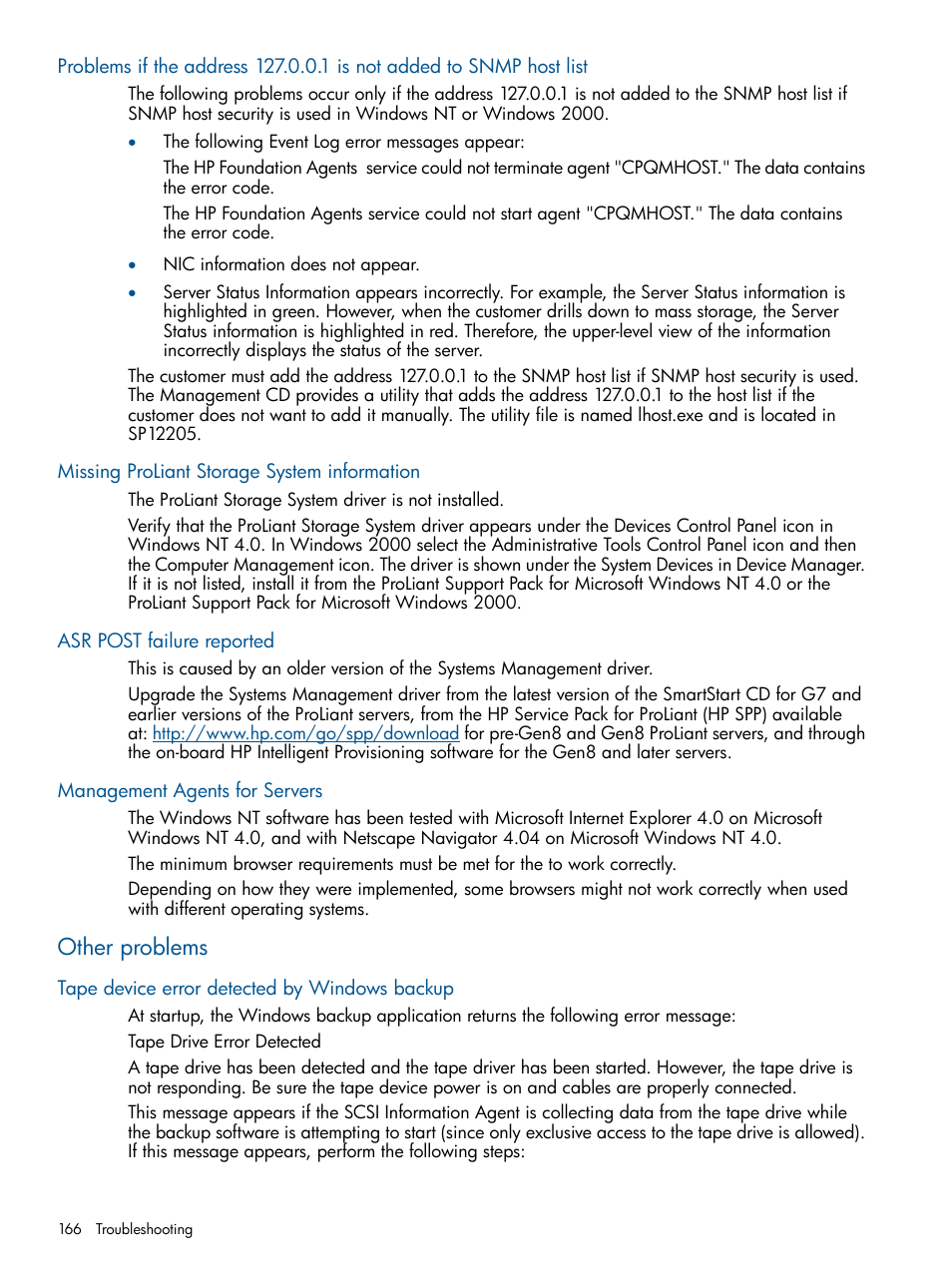 Missing proliant storage system information, Asr post failure reported, Management agents for servers | Other problems, Tape device error detected by windows backup | HP Insight Management Agents User Manual | Page 166 / 172