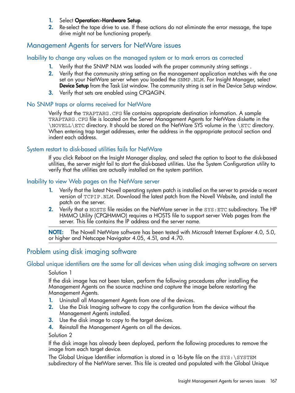 Management agents for servers for netware issues, No snmp traps or alarms received for netware, Problem using disk imaging software | HP Insight Management Agents User Manual | Page 167 / 172