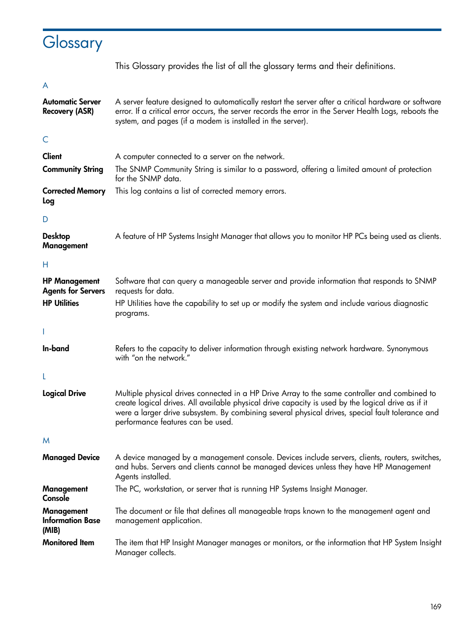 Glossary | HP Insight Management Agents User Manual | Page 169 / 172