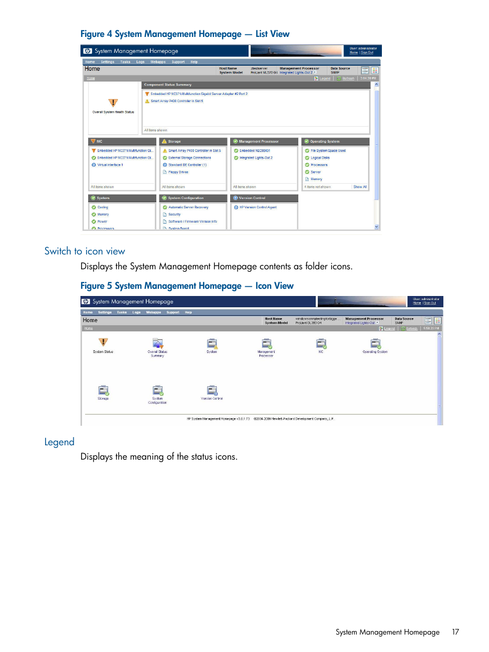 Switch to icon view, Legend, Switch to icon view legend | HP Insight Management Agents User Manual | Page 17 / 172