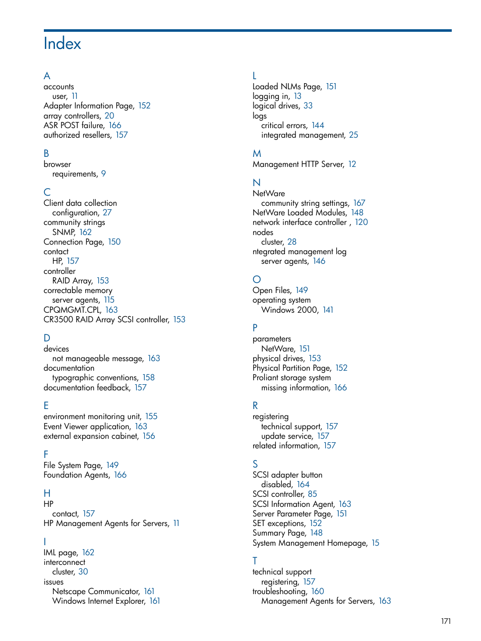 Index | HP Insight Management Agents User Manual | Page 171 / 172