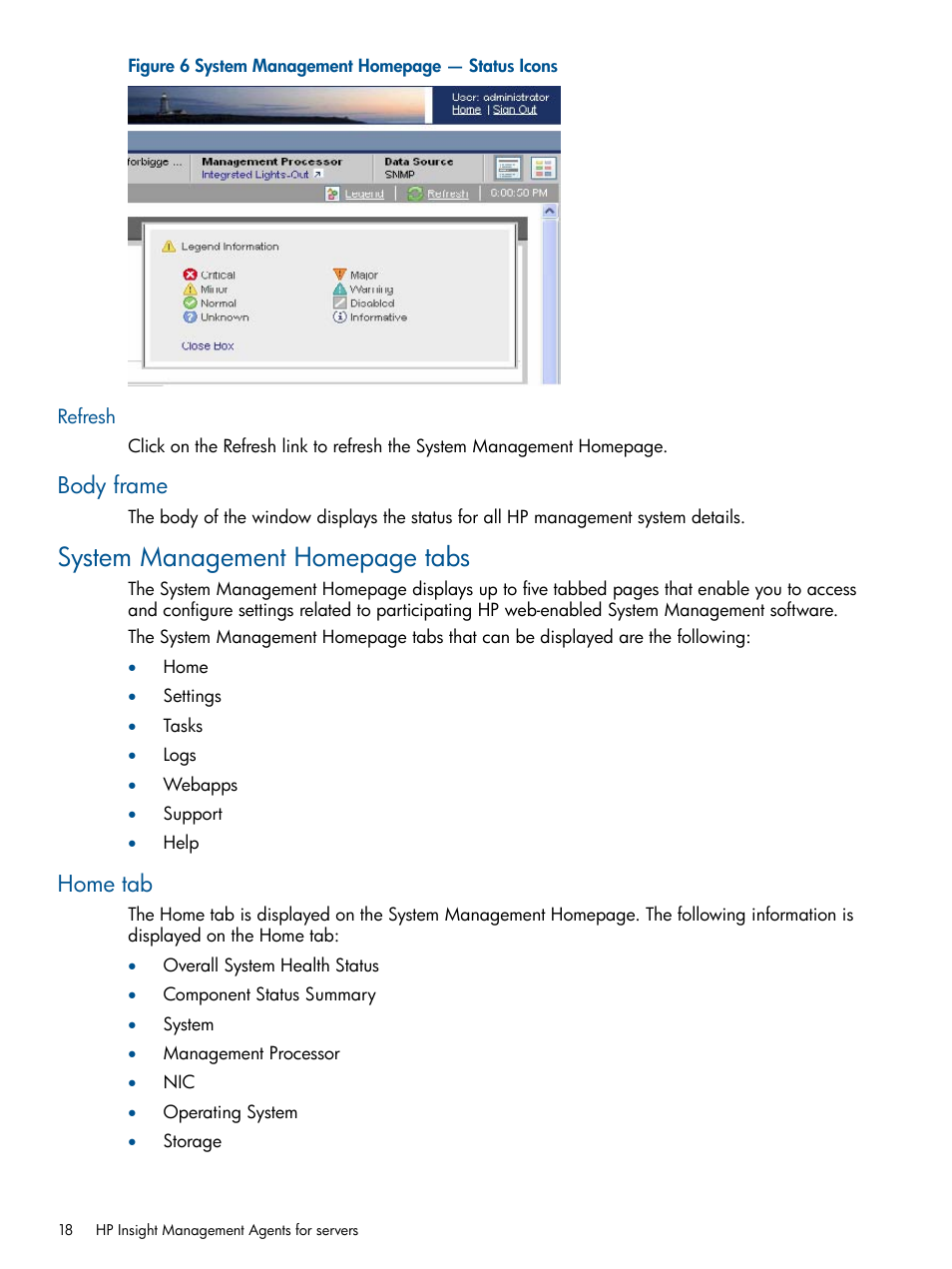 Refresh, Body frame, Home tab | System management homepage tabs | HP Insight Management Agents User Manual | Page 18 / 172