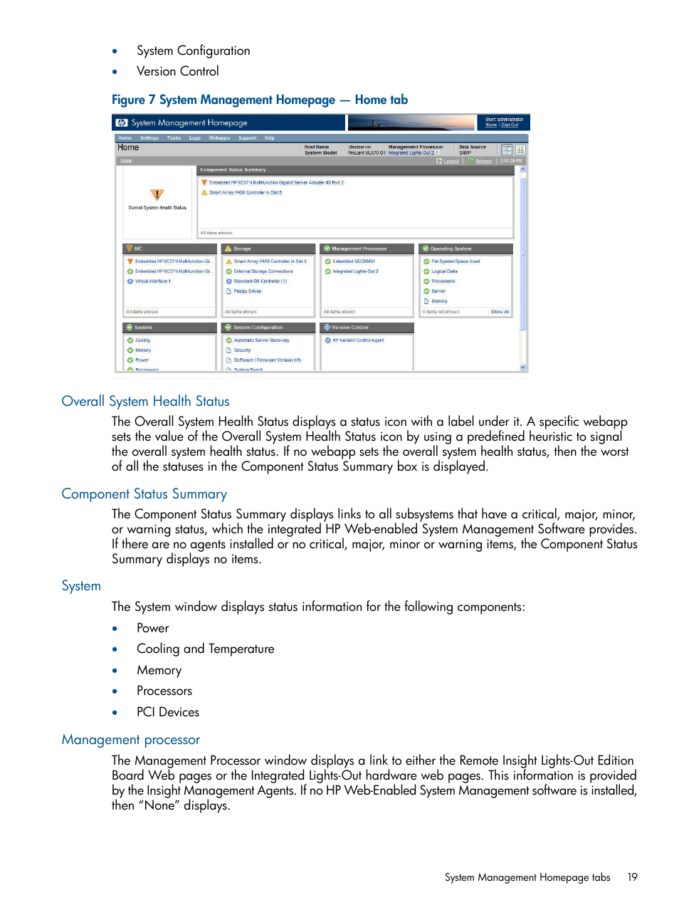 Overall system health status, Component status summary, System | Management processor | HP Insight Management Agents User Manual | Page 19 / 172