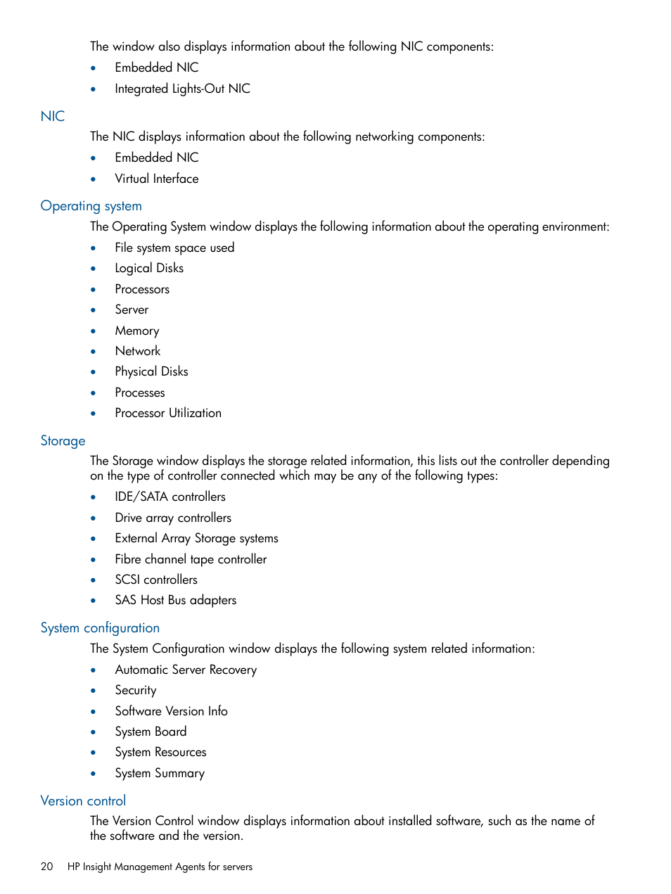 Operating system, Storage, System configuration | Version control | HP Insight Management Agents User Manual | Page 20 / 172