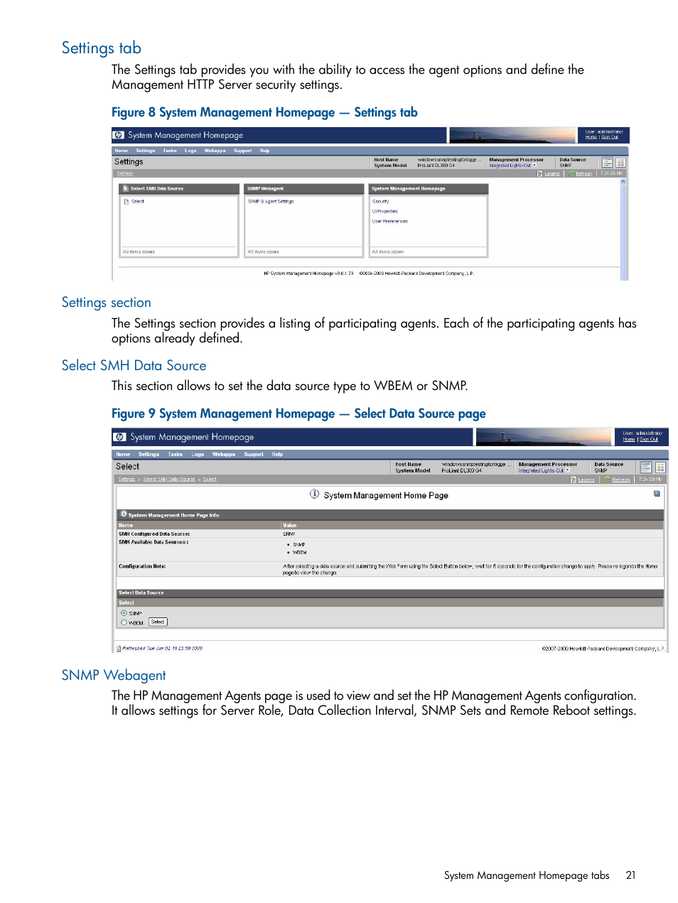 Settings tab, Settings section, Select smh data source | Snmp webagent | HP Insight Management Agents User Manual | Page 21 / 172