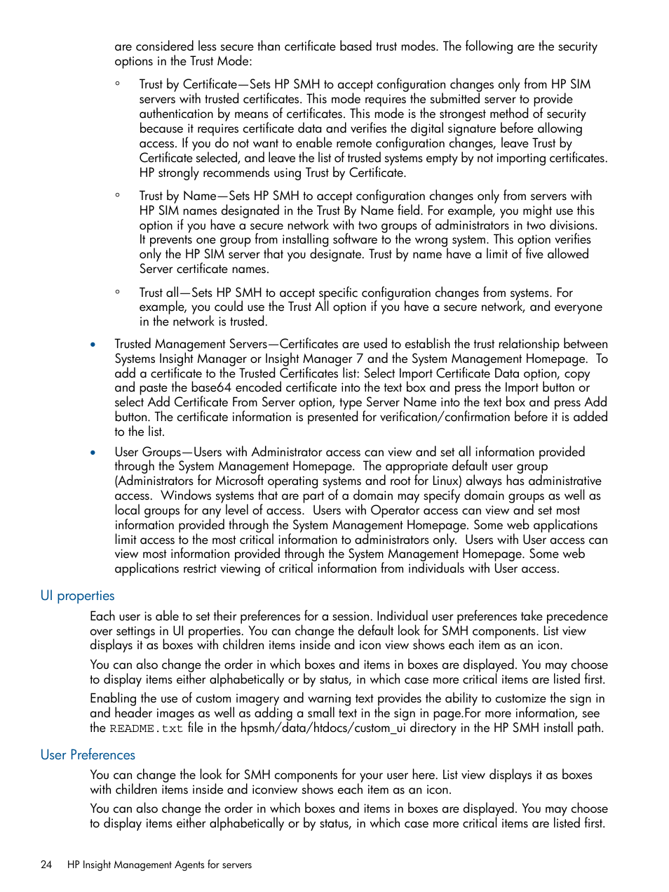 Ui properties, User preferences | HP Insight Management Agents User Manual | Page 24 / 172