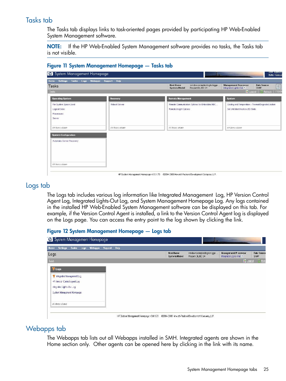 Tasks tab, Logs tab, Webapps tab | Tasks tab logs tab webapps tab | HP Insight Management Agents User Manual | Page 25 / 172