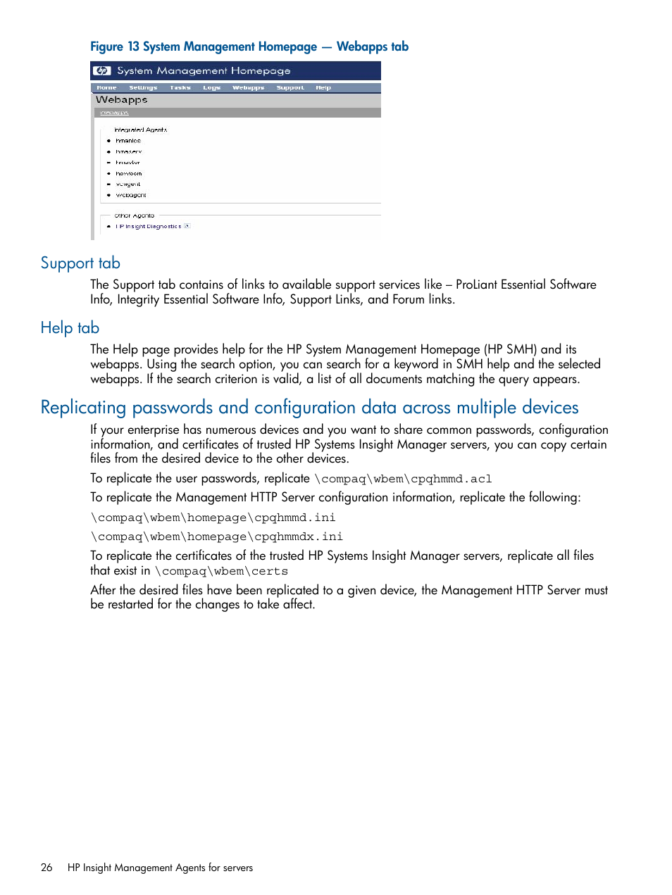 Support tab, Help tab, Support tab help tab | HP Insight Management Agents User Manual | Page 26 / 172