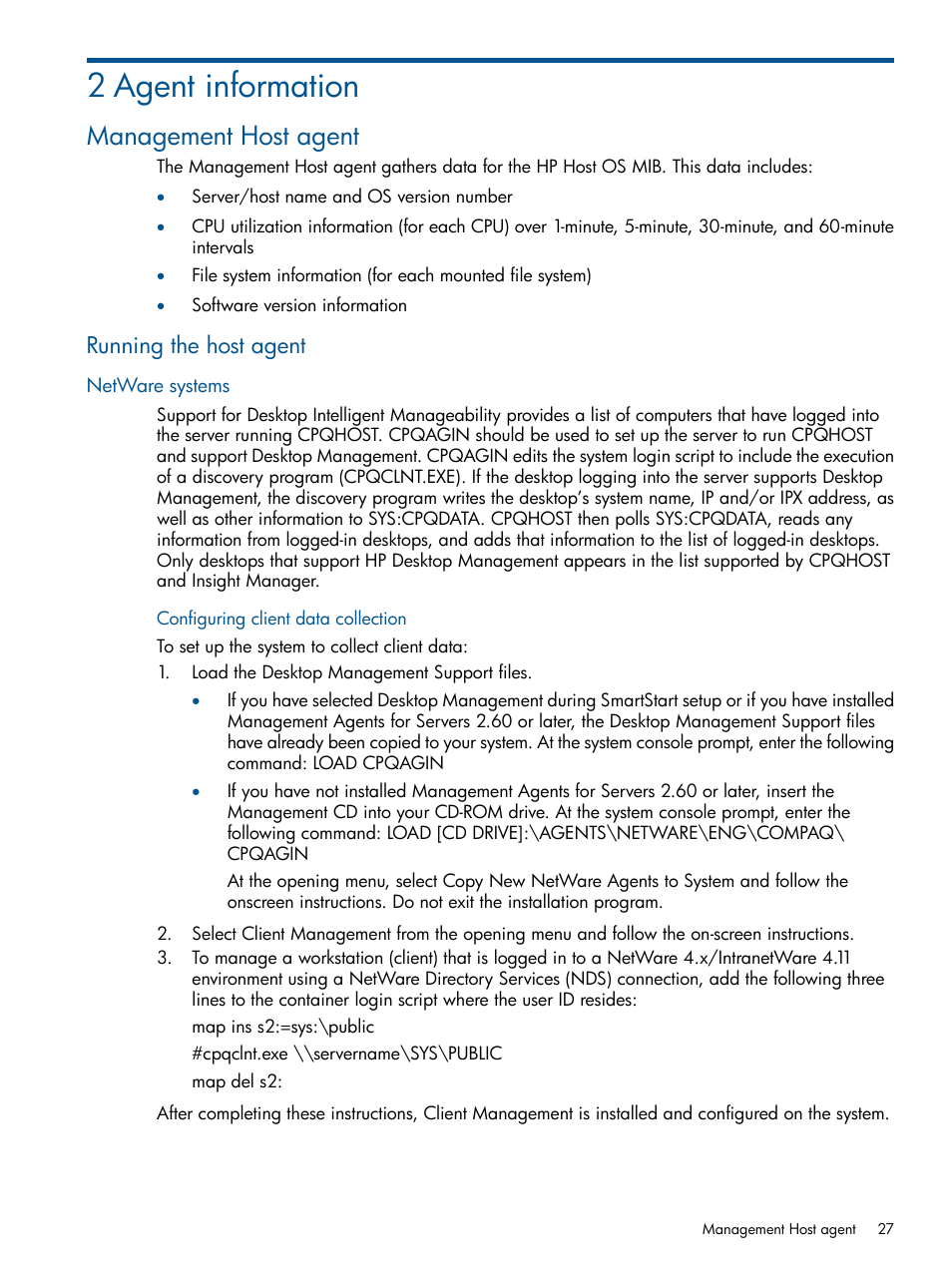 2 agent information, Management host agent, Running the host agent | Netware systems, Configuring client data collection | HP Insight Management Agents User Manual | Page 27 / 172