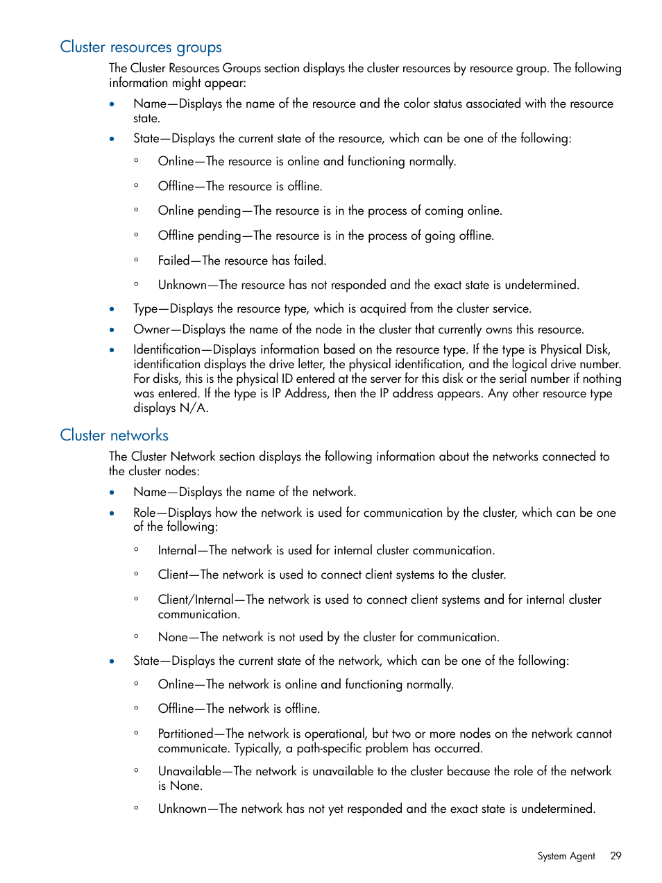 Cluster resources groups, Cluster networks, Cluster resources groups cluster networks | HP Insight Management Agents User Manual | Page 29 / 172