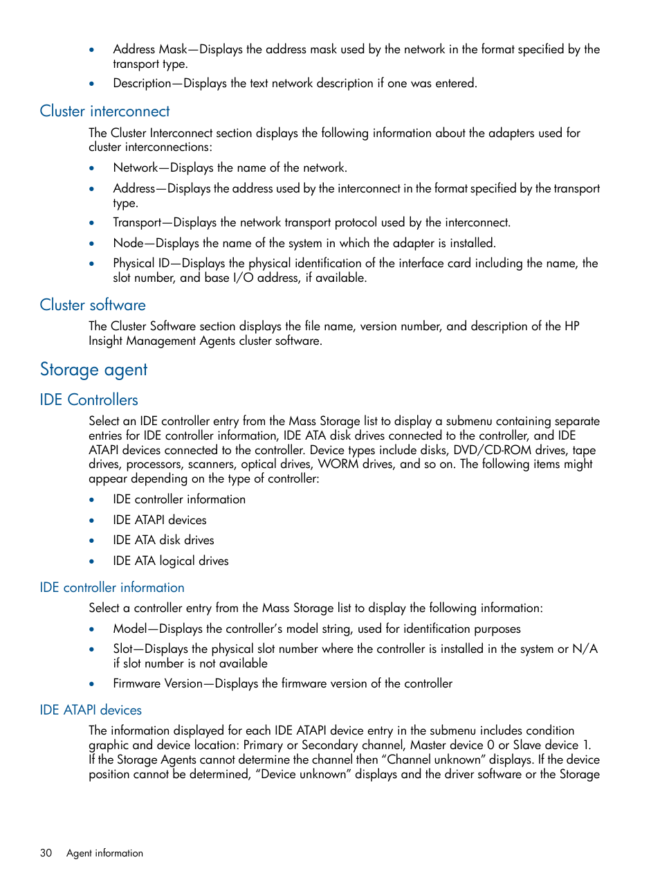 Cluster interconnect, Cluster software, Storage agent | Ide controllers, Ide controller information, Ide atapi devices, Cluster interconnect cluster software, Ide controller information ide atapi devices | HP Insight Management Agents User Manual | Page 30 / 172