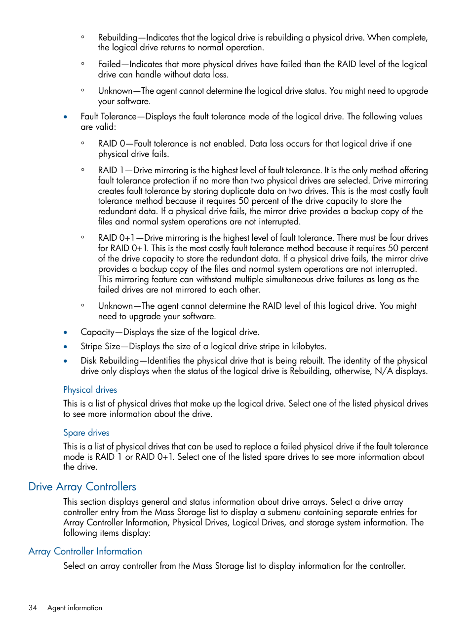 Physical drives, Spare drives, Drive array controllers | Array controller information, Physical drives spare drives | HP Insight Management Agents User Manual | Page 34 / 172