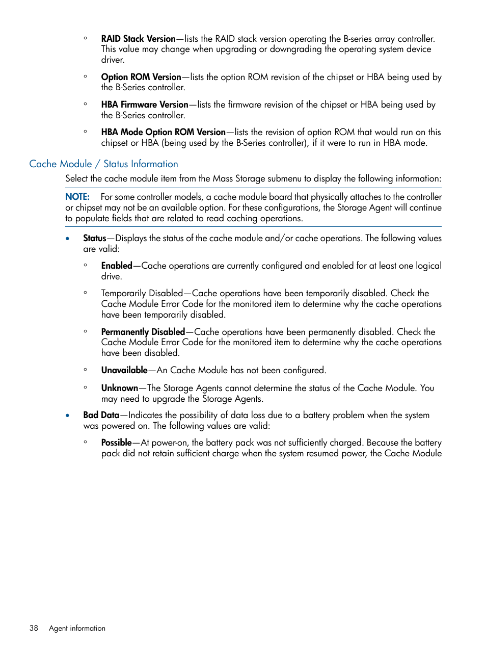 Cache module / status information | HP Insight Management Agents User Manual | Page 38 / 172