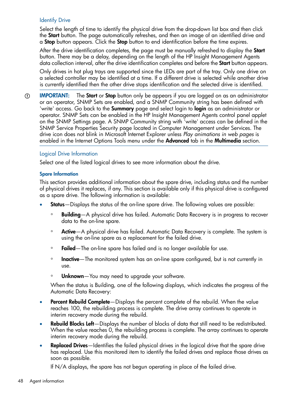 Identify drive, Logical drive information, Spare information | Identify drive logical drive information | HP Insight Management Agents User Manual | Page 48 / 172