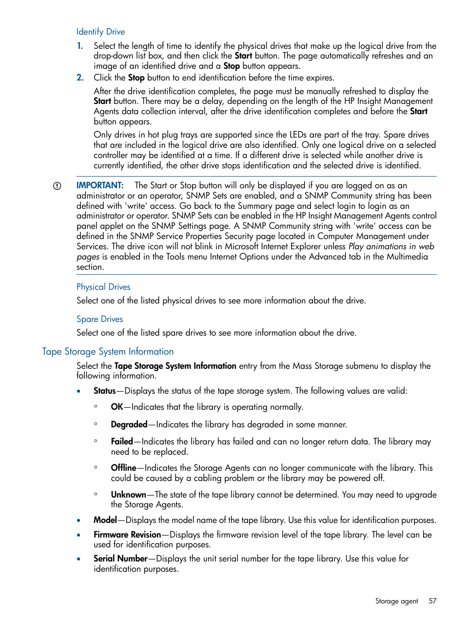 Identify drive, Physical drives, Spare drives | Tape storage system information, Identify drive physical drives spare drives | HP Insight Management Agents User Manual | Page 57 / 172