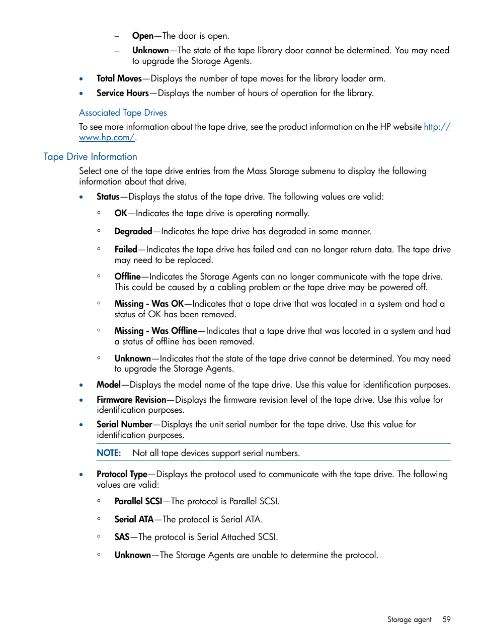Associated tape drives, Tape drive information | HP Insight Management Agents User Manual | Page 59 / 172