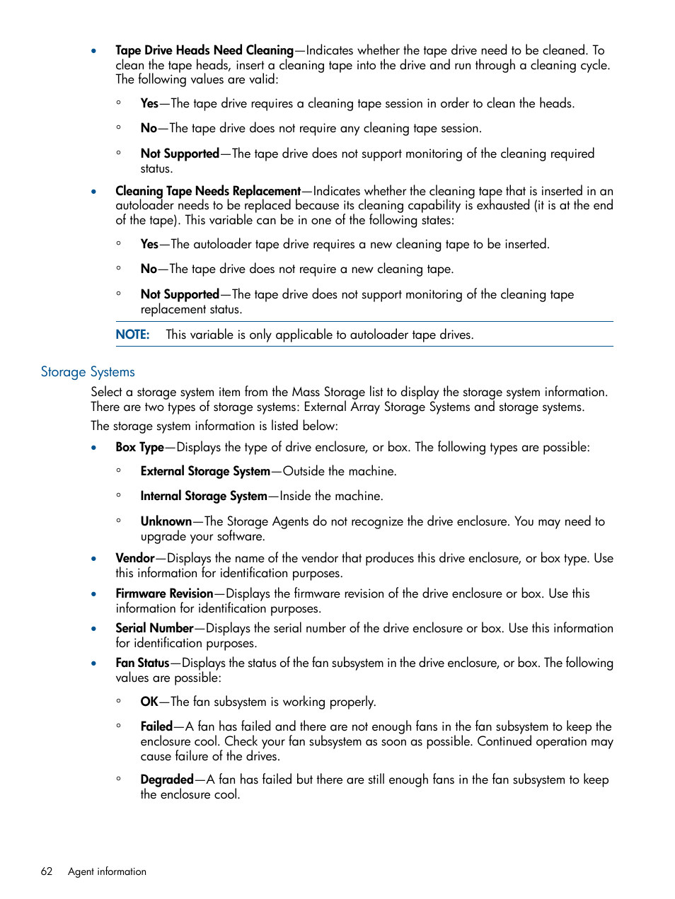 Storage systems | HP Insight Management Agents User Manual | Page 62 / 172