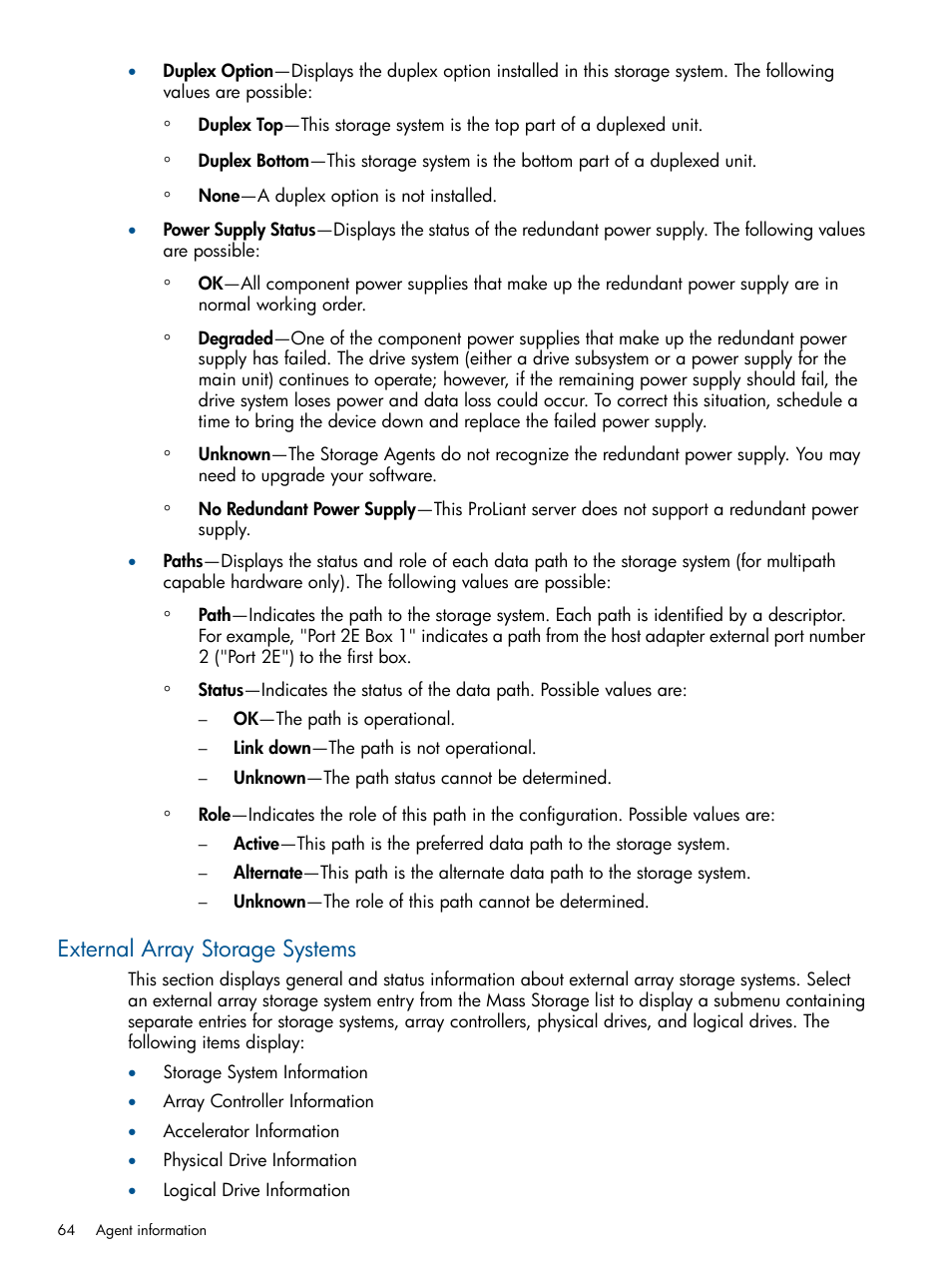 External array storage systems | HP Insight Management Agents User Manual | Page 64 / 172