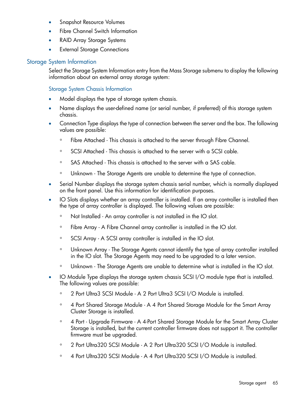 Storage system information, Storage system chassis information | HP Insight Management Agents User Manual | Page 65 / 172