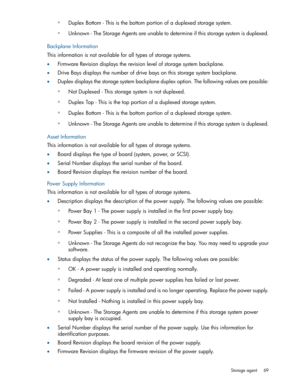 Backplane information, Asset information, Power supply information | HP Insight Management Agents User Manual | Page 69 / 172