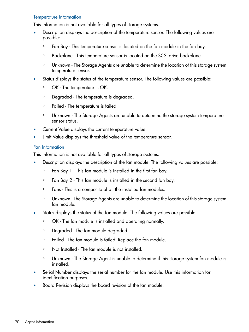 Temperature information, Fan information, Temperature information fan information | HP Insight Management Agents User Manual | Page 70 / 172