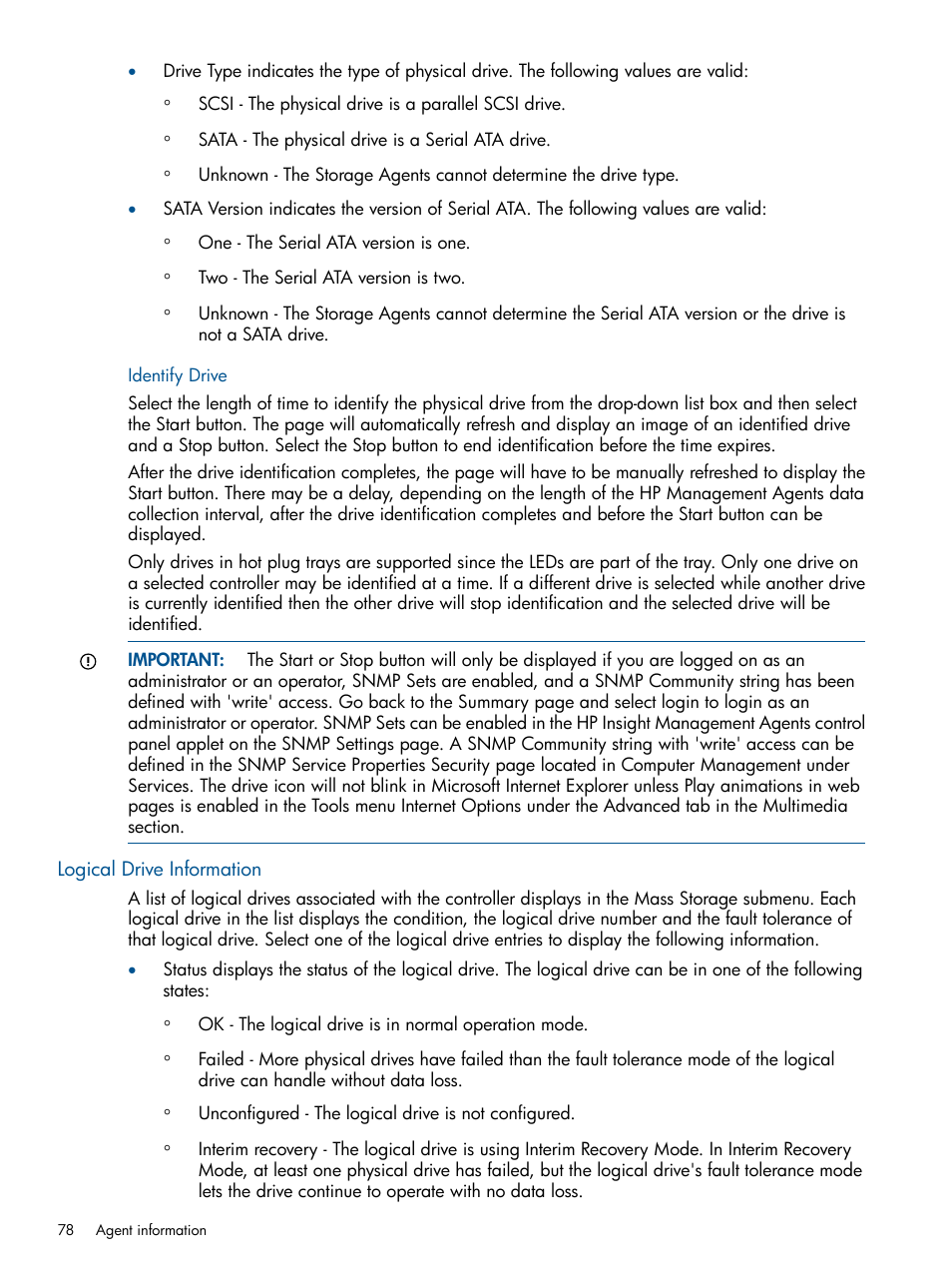 Identify drive, Logical drive information | HP Insight Management Agents User Manual | Page 78 / 172