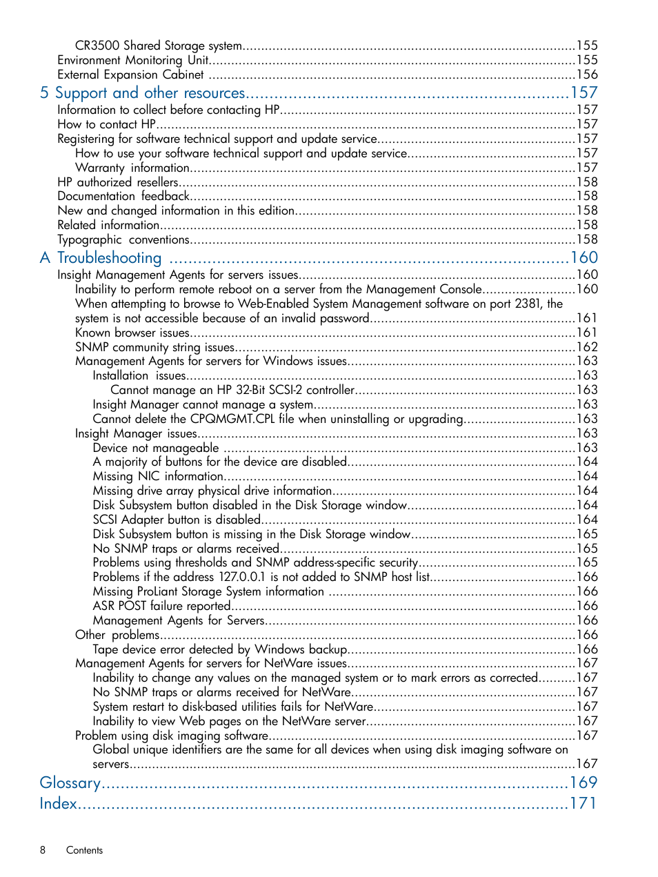 5 support and other resources, A troubleshooting, Glossary index | HP Insight Management Agents User Manual | Page 8 / 172