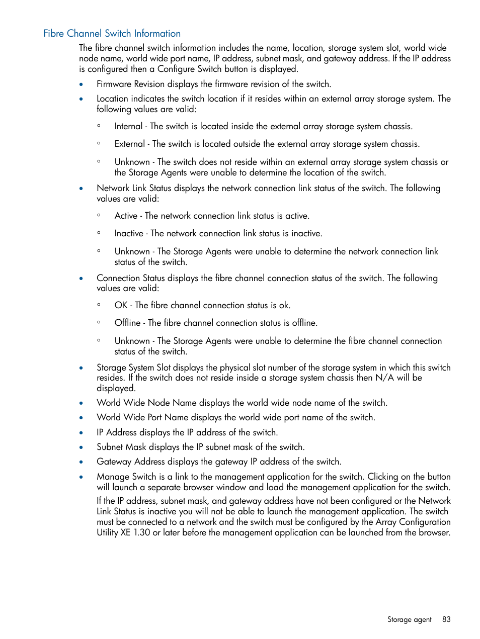 Fibre channel switch information | HP Insight Management Agents User Manual | Page 83 / 172