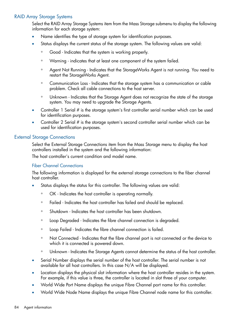 Raid array storage systems, External storage connections, Fiber channel connections | HP Insight Management Agents User Manual | Page 84 / 172