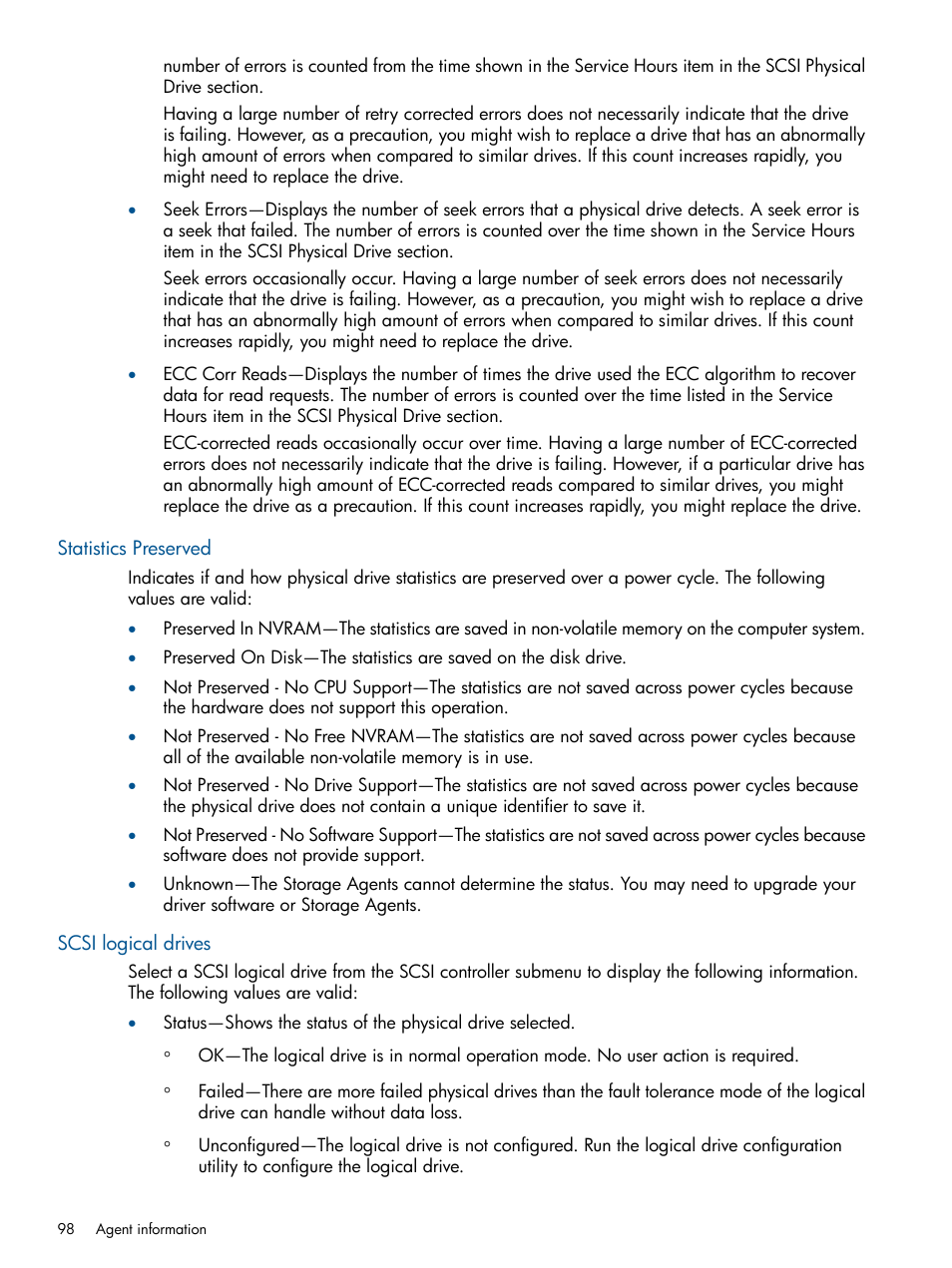 Statistics preserved, Scsi logical drives, Statistics preserved scsi logical drives | HP Insight Management Agents User Manual | Page 98 / 172