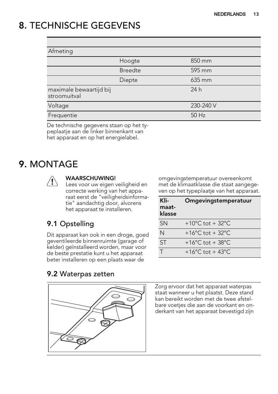 Technische gegevens, Montage, 1 opstelling | 2 waterpas zetten | AEG A71109TSW0 User Manual | Page 13 / 68
