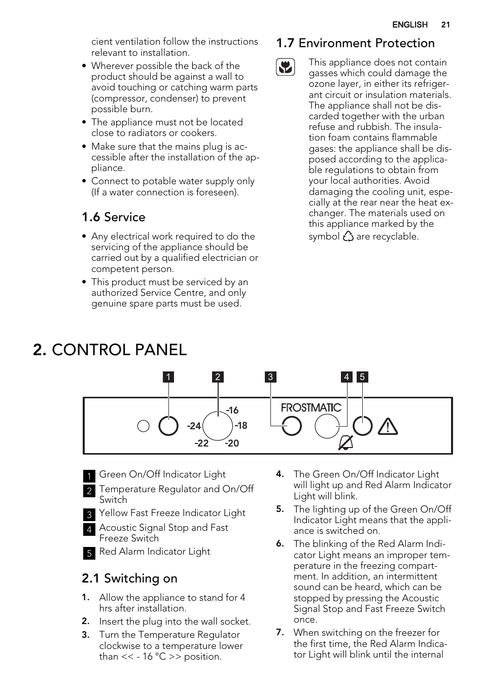 Control panel, 6 service, 7 environment protection | 1 switching on | AEG A71109TSW0 User Manual | Page 21 / 68