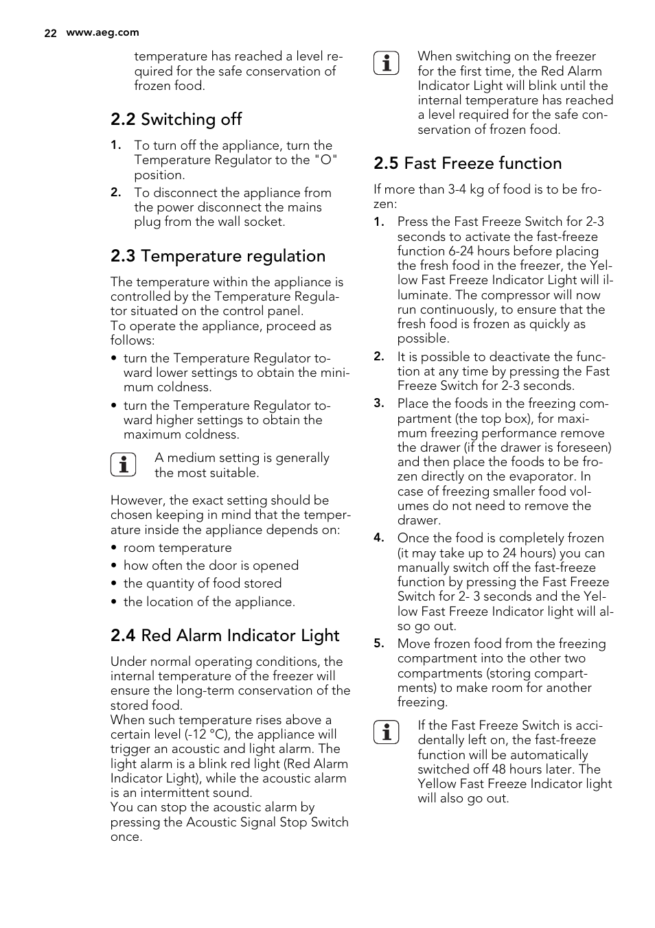 2 switching off, 3 temperature regulation, 4 red alarm indicator light | 5 fast freeze function | AEG A71109TSW0 User Manual | Page 22 / 68