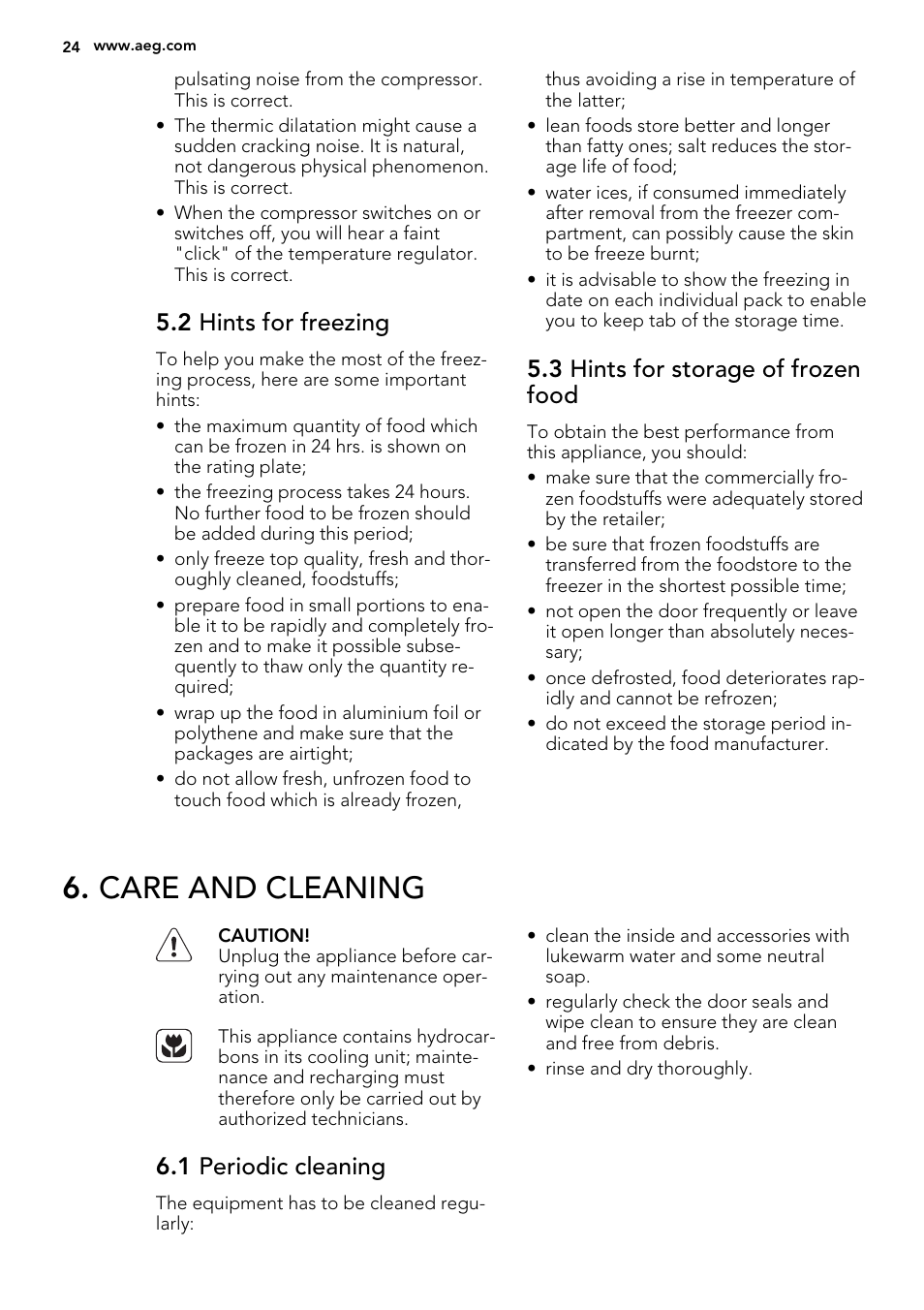 Care and cleaning, 2 hints for freezing, 3 hints for storage of frozen food | 1 periodic cleaning | AEG A71109TSW0 User Manual | Page 24 / 68