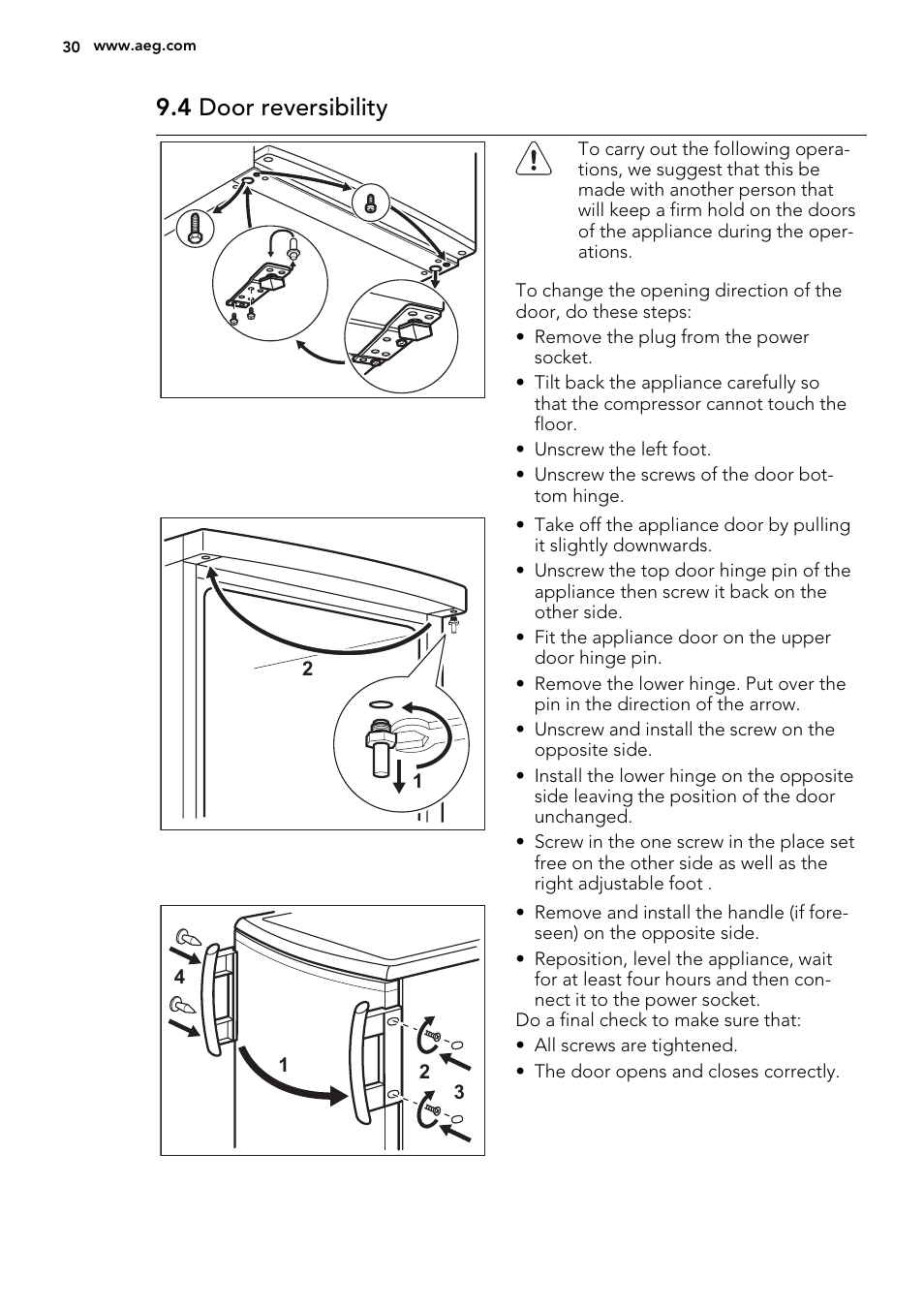 4 door reversibility | AEG A71109TSW0 User Manual | Page 30 / 68