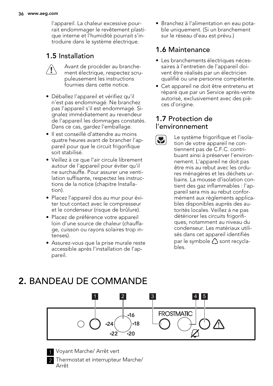 Bandeau de commande, 5 installation, 6 maintenance | 7 protection de l'environnement | AEG A71109TSW0 User Manual | Page 36 / 68