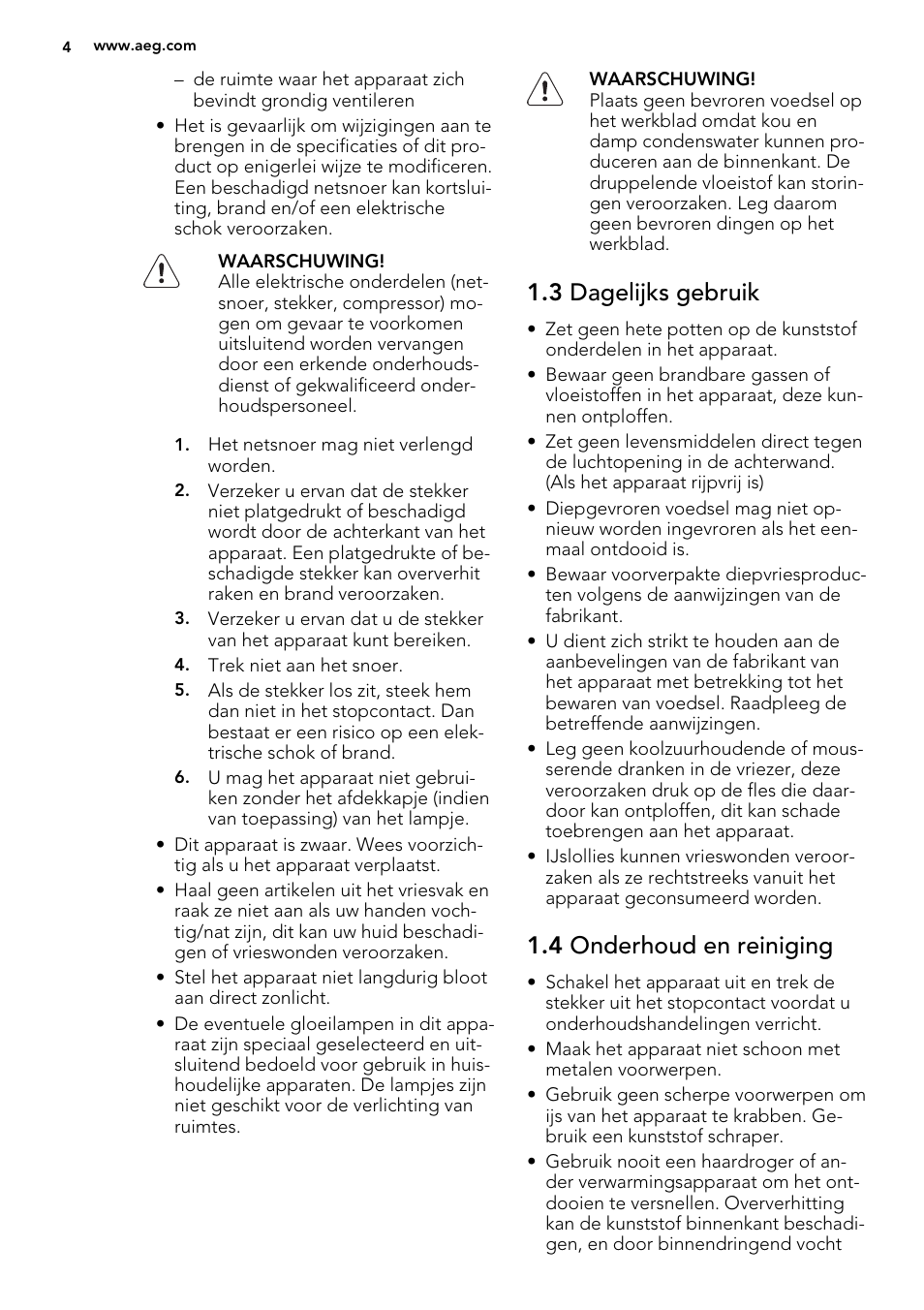 3 dagelijks gebruik, 4 onderhoud en reiniging | AEG A71109TSW0 User Manual | Page 4 / 68