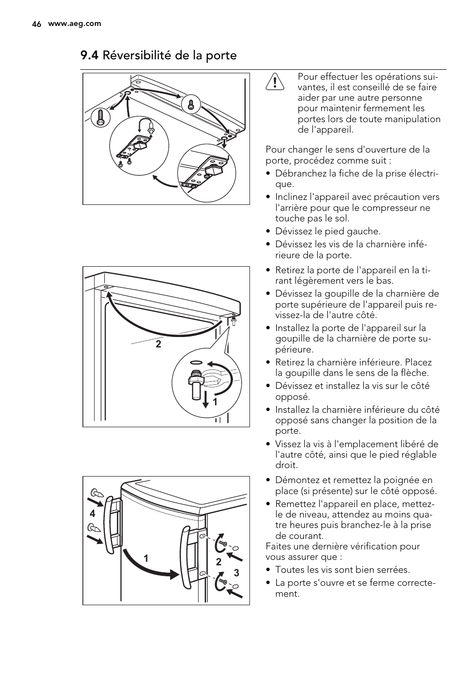 4 réversibilité de la porte | AEG A71109TSW0 User Manual | Page 46 / 68