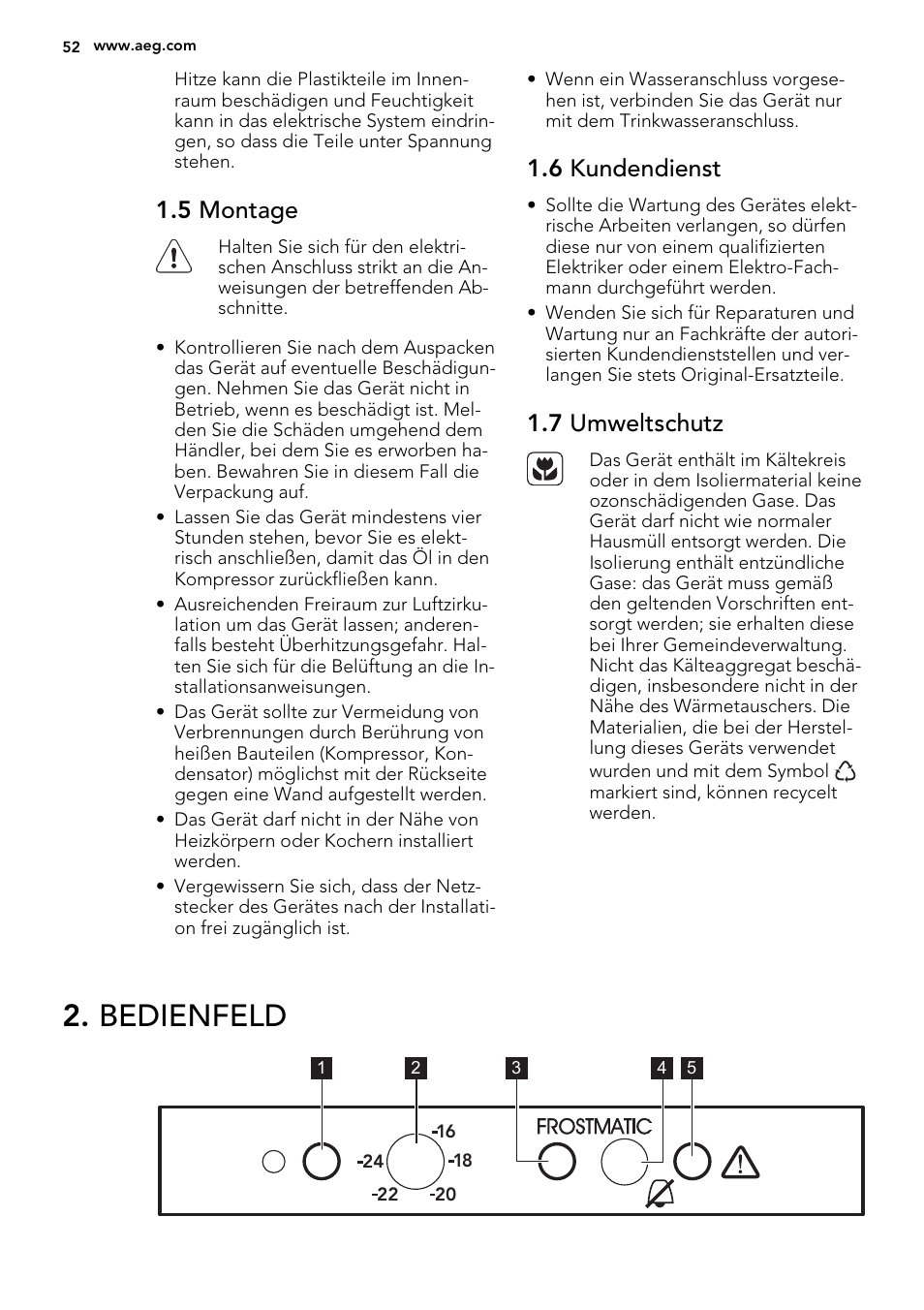 Bedienfeld, 5 montage, 6 kundendienst | 7 umweltschutz | AEG A71109TSW0 User Manual | Page 52 / 68