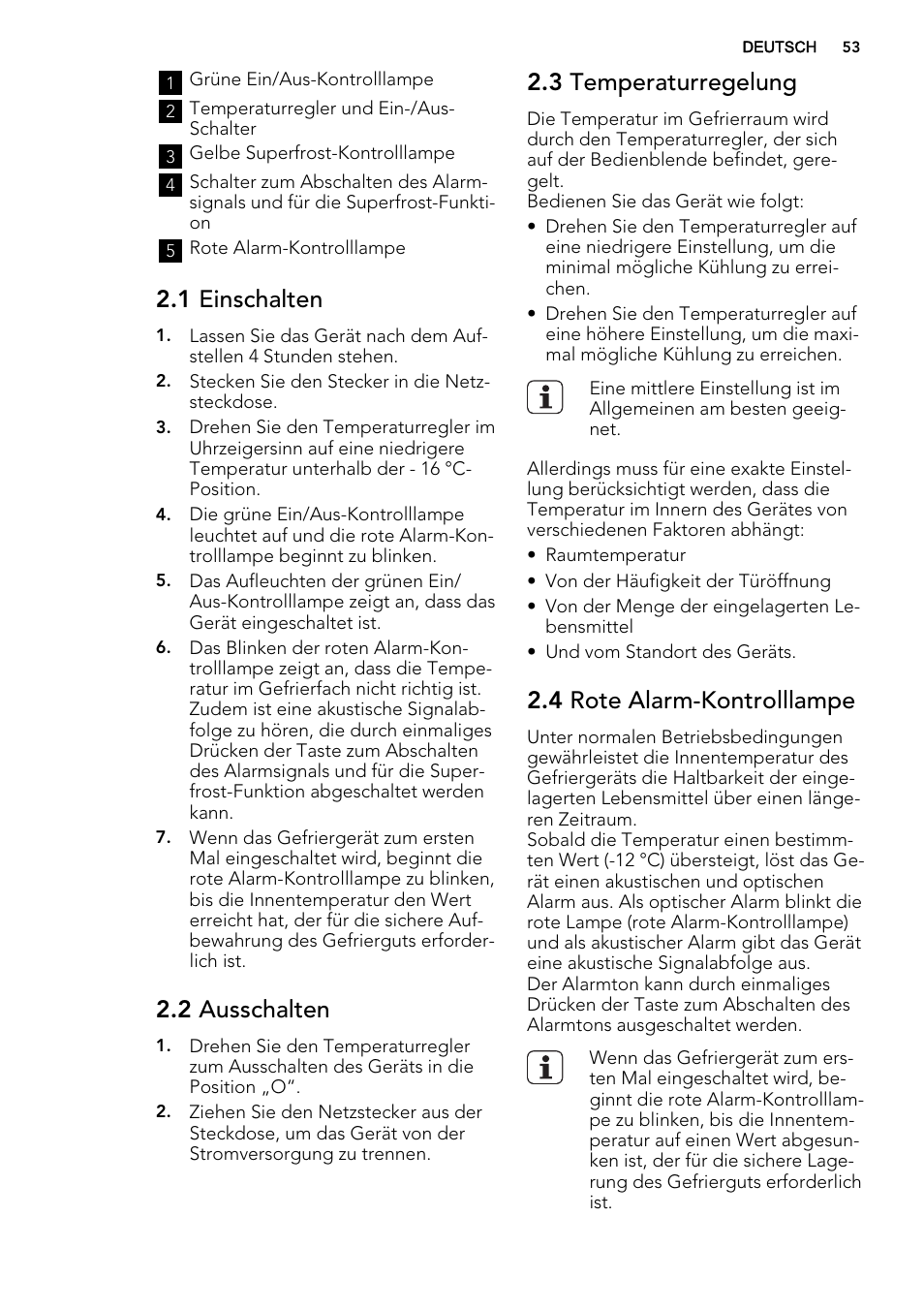 1 einschalten, 2 ausschalten, 3 temperaturregelung | 4 rote alarm-kontrolllampe | AEG A71109TSW0 User Manual | Page 53 / 68