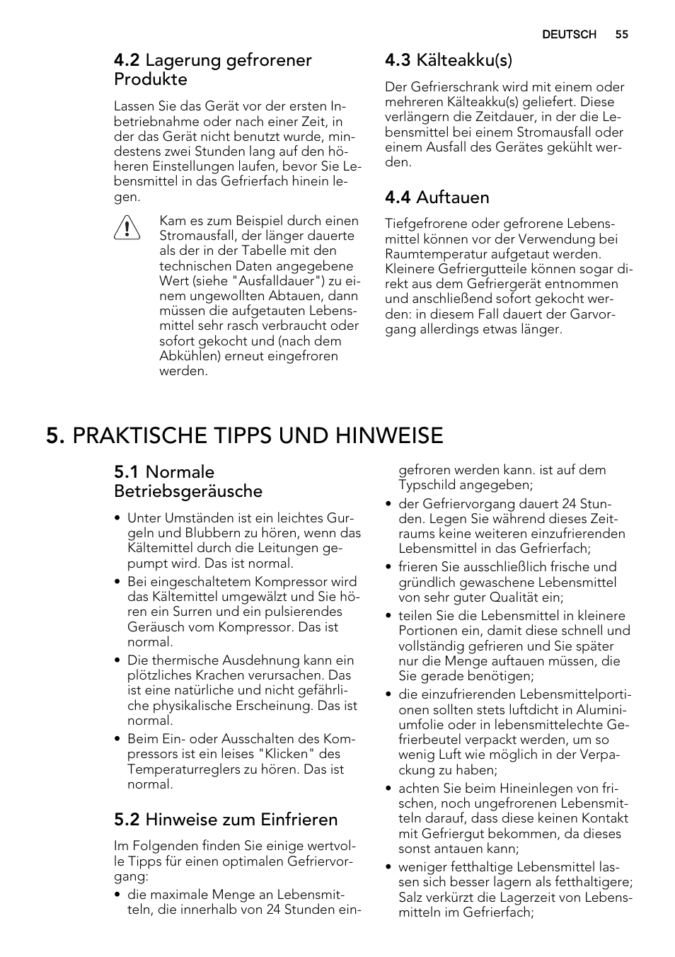 Praktische tipps und hinweise, 2 lagerung gefrorener produkte, 3 kälteakku(s) | 4 auftauen, 1 normale betriebsgeräusche, 2 hinweise zum einfrieren | AEG A71109TSW0 User Manual | Page 55 / 68