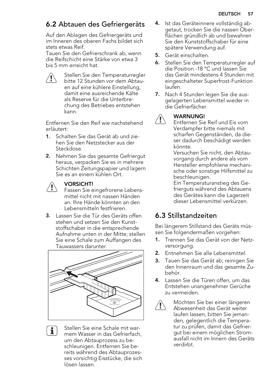 2 abtauen des gefriergeräts, 3 stillstandzeiten | AEG A71109TSW0 User Manual | Page 57 / 68