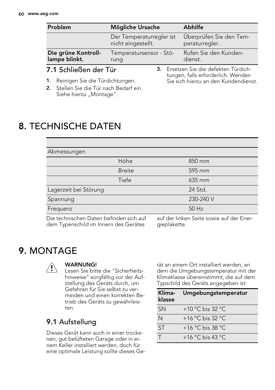Technische daten, Montage, 1 schließen der tür | 1 aufstellung | AEG A71109TSW0 User Manual | Page 60 / 68