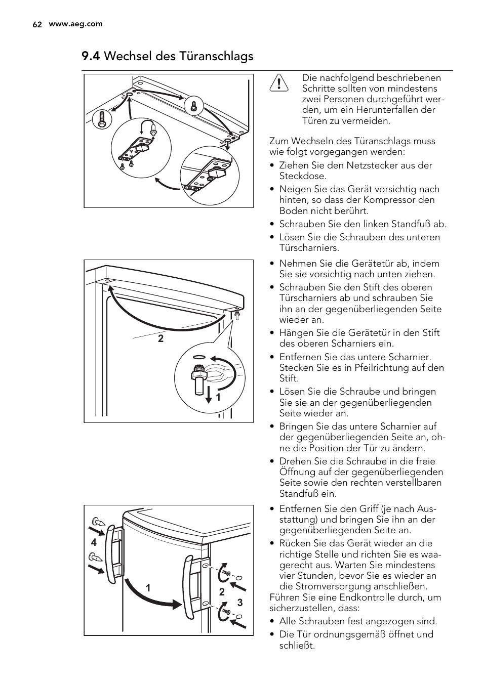 4 wechsel des türanschlags | AEG A71109TSW0 User Manual | Page 62 / 68
