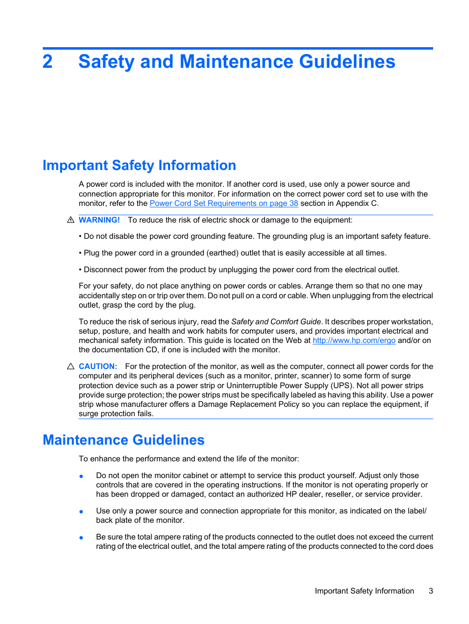 Safety and maintenance guidelines, Important safety information, Maintenance guidelines | 2 safety and maintenance guidelines, 2safety and maintenance guidelines | HP L2045w 20-inch Widescreen LCD Monitor User Manual | Page 11 / 49