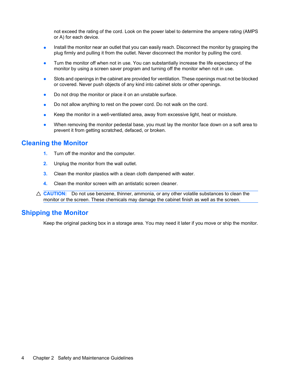 Cleaning the monitor, Shipping the monitor, Cleaning the monitor shipping the monitor | HP L2045w 20-inch Widescreen LCD Monitor User Manual | Page 12 / 49